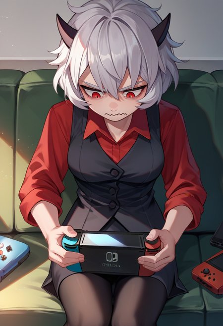 score_9, score_8_up, score_7_up, source_anime, solo, 1girl, htmalina, unamused, wavy mouth, looking down, sitting, couch, holding handheld game console, nintendo switch, demon horns, red shirt, sleeves rolled up, black vest, waistcoat, black skirt, black pantyhose, indoors <lora:helltaker_malina_ponyXL:1>