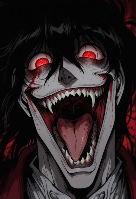 masterpiece, best quality, amazing quality, intricate detail, highly detailed, absurdres, mythp0rt,
(@_@), (demonic smile with teeth), glowing eyes, red eyes, (complete psycho), (obsessive look, insane, head tilt, going mentally insane, expressive, expressive background),
BREAK
Normalucard, solo, 1boy, male focus, black hair, red eyes,
BREAK
horror, solo, blood, tongue, teeth, open mouth, long hair, blood on face, close-up