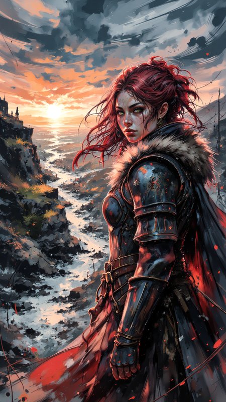 cinna flow, in the style of ckcr, aidmafluxproultra, dinkwfsn style, dismrt style, a ink wash painting, High-resolution anime-style illustration and Expressionism influences, upper body shot of a fierce Viking woman standing on a windswept cliffside overlooking the stormy ocean, dark clouds rolling in as waves crash against the jagged rocks below at sunset. Her fiery red hair is styled into thick, battle-worn braids, loose strands whipping wildly in the wind, her piercing green eyes filled with unshaken determination. She wears a heavy fur-lined cloak draped over her shoulders, layered over intricately detailed leather armor, Norse patterns etched into the metal clasps. The background distorts slightly in rough, high-contrast linocut strokes, exaggerated colors blending deep stormy grays, glowing embers of orange, and icy blues, creating a raw, powerful atmosphere <lora:Mystic-Fusion_v10:0.8> <lora:ck-cyber-relic-000015:0.4> <lora:aidmaFluxProUltra-FLUX-v0.1:0.2> <lora:Cinna_Flow_Flux-000018:1.0>