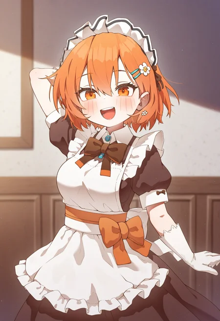 masterpiece,best quality,amazing quality,
1girl, solo, gloves, short sleeves, brown dress, white gloves, hair ornament, open mouth, maid headdress, puffy short sleeves, puffy sleeves, smile, apron, short hair, maid, looking at viewer, arm up, orange hair, dress, hairclip, :d, arm behind head, bangs, flower, orange eyes, frills, hair between eyes, cowboy shot, sash, hair flower, blush, breasts, bow, medium breasts, standing, white apron, brown bow, teeth, back bow, blurry,
 <lora:MountainHan:1>