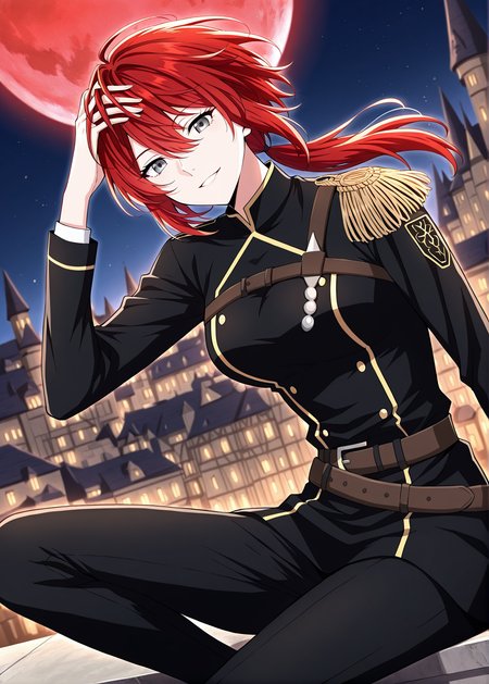 <lora:Claire_Bladeheart__The_Beginning_After_the_End__Illustrious:1>
1 girl, solo, grey eyes, red hair, ponytail, low ponytail, short hair, hair between eyes, bangs, black uniform, black jacket, black pants, epaulettes, long sleeves, belt, double-breasted
score_9, score_8_up, score_7_up, very aesthetic, source_anime, detailed, high quality, beautiful, masterpiece, detailed eyes, castle, village, blurry background, cityscape, pose dynamic angle, light smile, open mouth, hand on hair, sitting, floating hair, looking at viewer, night, red moon,