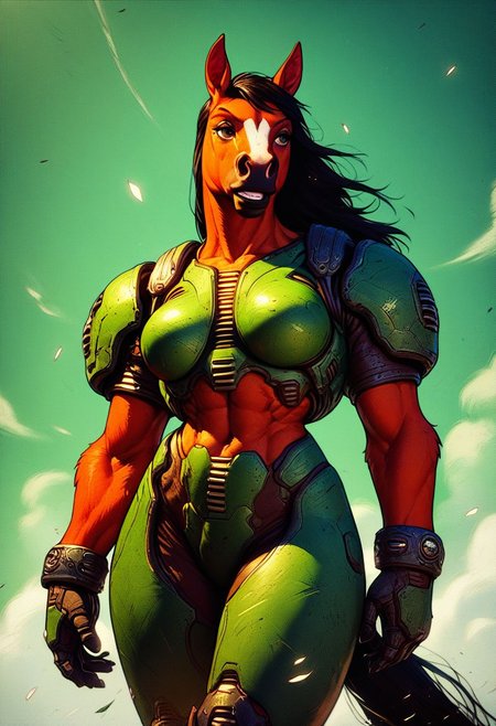score_9, score_8, score_7, solo, doom girl, 1girl, armor, knva, anthro, horse, anthro horse, furry,