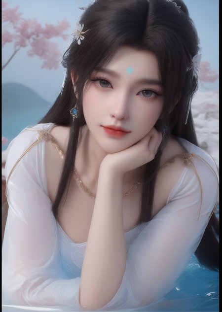 (looking_at_viewer:1.4),full_shot,chin_rest,bunching_hair,lying_on_water,1girl,solo,dress,hair ornament,portiart,from front,masterpiece,(best quality),official art,extremely detailed cg 8k wallpaper,crystalstexture skin,(extremely delicate and beautiful),solo,realistic,photo_\(medium\),hiqcgbody,chinese background,eye-contact,(smile:0.7),jewelry,absurdres,incredibly absurdres,huge filesize,<lora:æ¸æ¼ª_V1-000001:1>,