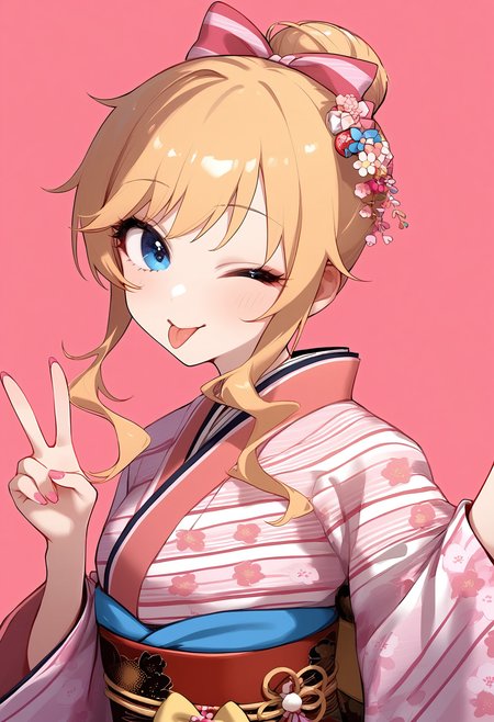 1girl,
ohtsuki yui,


solo, looking at viewer, blush, pink kimono, upper body, sash, bow, hair bow, pink nails, wide sleeves, simple background, one eye closed, kimono, tongue out, tongue, striped clothes, blue eyes, v, japanese clothes, yukata, ;p, pink background, blonde hair, hair bun, floral print, single hair bun, obi, nail polish, pink bow, striped kimono, alternate costume, hands up,

sfw
<lora:a31_char_new_ohtsuki_yui:1> <lora:a31_style_koni-000010:0.8>