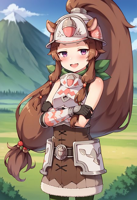 score_9, score_7_up, hd, (ultra hd quality details), source_anime, blurry background, mountains,
solo, 1girl, pcrrin, squirrel girl, low-tied long hair,
rinran, ponytail, helmet, armor, breastplate, gloves, brown dress, fur trim, pantyhose,
looking at viewer, blush, :3, smile, half-closed eyes,
crossed arms, from side, open mouth, 
<lora:_rin_pcr-elesico-pony:1>