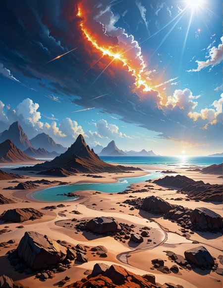 Sci-fi landscape
a desolate desert wasteland, featuring jagged rocks, sparse vegetation, a harsh ambiance,
vast expanse of open ocean stretching to the horizon, clear blue skies above and deep blue waters below ,
Windy and gusty Weather,
Cirrocumulus mackerel sky patterns,
Volcanic ash-filtered copper sunlight,
Dry season cracked earth patterns,
Oxbow lake meander scars,
,
Leviathan skeletons powering cities,
,
Inio Asano 
(masterpiece:1.4), (intricate details:1.4), (hyperrealistic:1.3),(painting:0.9),(ultra detailed:1.4), (8k resolution:1.3), (sharp focus), (dramatic perspective:1.1), (chromatic aberration:0.3), (film grain:0.2),
<lora:JuggerCineXL2:0.3>,
<lora:add-detail-xl:0.3>,
<lora:WildcardX-XL-Detail-Enhancer:0.4>,
<lora:xl_more_art-full_v1:0.7>,
<lora:ClassipeintXL2.1:0.3>,
<lora:Flux-XL_Scenery:0.3> flux-scenery ,
<lora:EnvyDramaticLightingXL01:0.7>
detailxl,