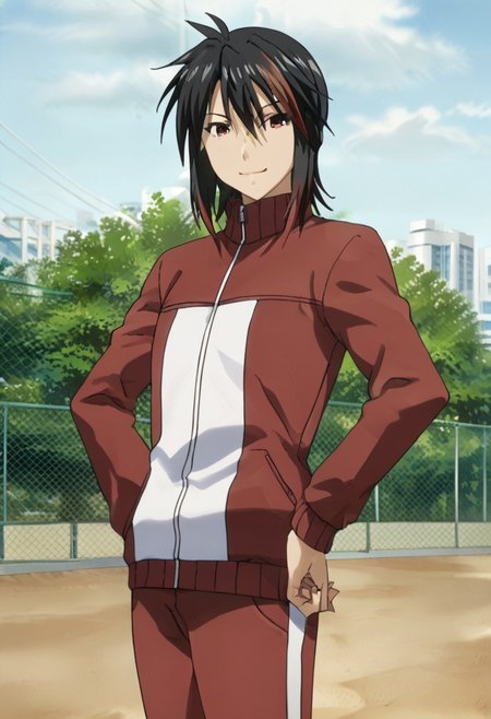 (score_9, score_8_up, score_7_up, source_anime,masterpiece,best quality,highres,absurdres,official art,official style,source_anime,anime screencap,anime coloring,megami magazine,anime,animated),zPDXL2,skin highlights,(1girl, solo), Ichinose_Nagi, black hair, red eyes, androgynous, track jacket, red jacket, red pants, standing, hand on hip, looking at viewer, smile, closed mouth, school, outdoors, track, fence, sunny