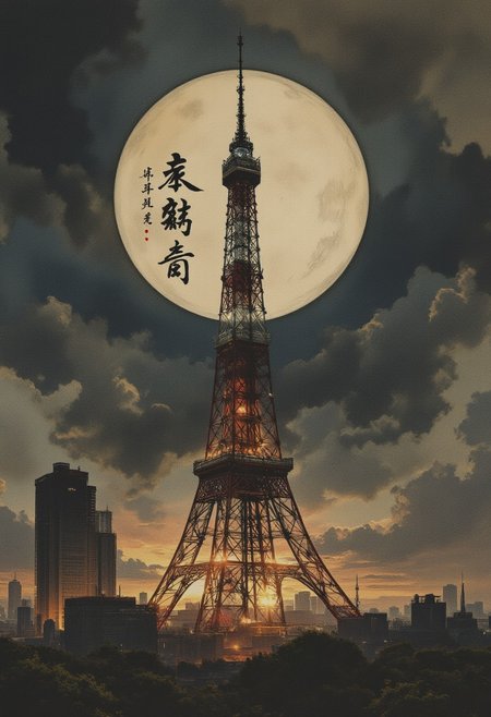 OBxiaoxiang, Silhouette Art, magnificent, dark background, inksketch on rice paper, detailed image of Tokyo Tower, gradient colour background, Japanese kanji