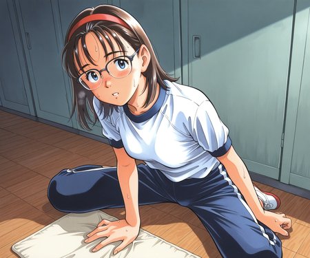 masterpiece, best quality, amazing quality, , 1girl, solo,  gym uniform, pants, looking at viewer, medium hair, glasses, <lora:Kurita Yuugo style ILL-v2:1> kuritayuugo,