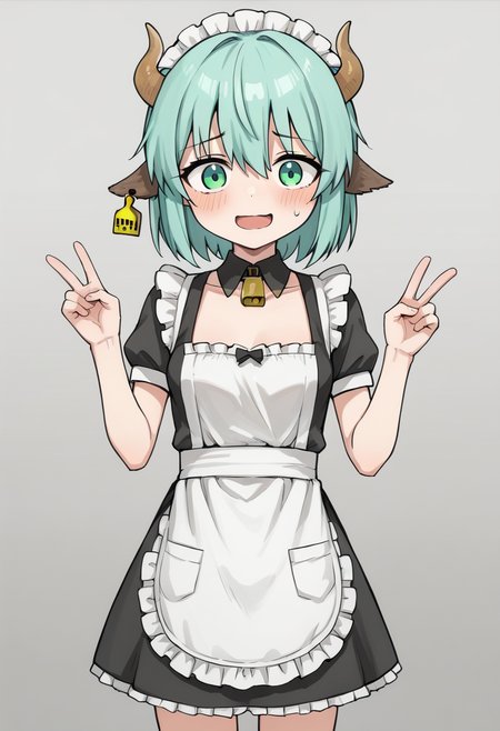 score_9, score_8_up, score_7_up, source_anime, <lora:MockTurtleDialogueBS2pony:0.7>, MockTurtleDialog67ue, 1girl, solo, animal ears, ear tag, green eyes, cow ears, horns, breasts, v, short hair, small breasts, cow horns, bangs, looking at viewer, green hair, blush, nervous smile, open mouth, aqua hair, hair between eyes, gray background, gradient background, housemaid, cowboy shot standing