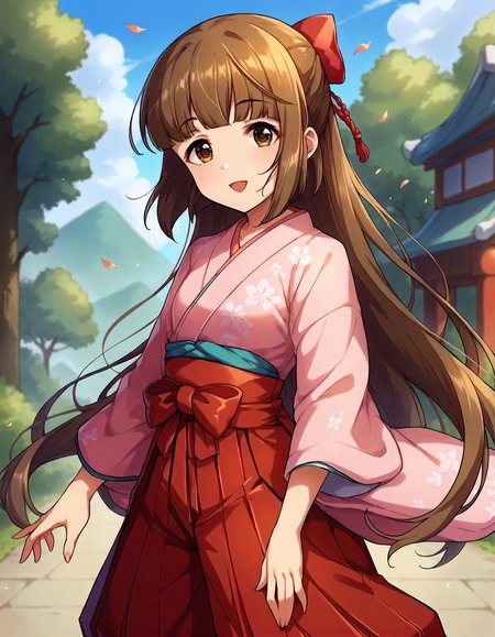 score_9,score_8_up,score_7_up,1girl,solo,standing,looking at viewer,(smile:0.6),open mouth,outdoors,
<lora:yoritayoshino_ponyXLV6:0.8>,cgyy,
brown hair,blunt bangs,long hair,half updo,brown eyes,small breasts,
hair bow,red bow,pink kimono,red hakama