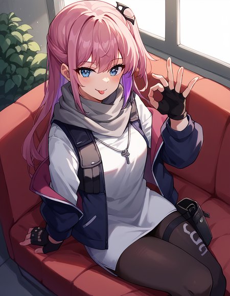score_9, score_8_up, score_7_up, source_anime, <lora:girlsfrontline-st-ar-15-ponyxl-lora-nochekaiser:1>, st ar-15, blue eyes, hair ornament, long hair, multicolored hair, one side up, streaked hair, pink hair, purple hair,, asymmetrical legwear, black pantyhose, black socks, dress, fingerless gloves, gloves, grey scarf, holster, jacket, pantyhose, scarf, shirt, single leg pantyhose, single thighhigh, strap, thigh holster, thigh strap, thighhighs, uneven legwear, white shirt,, control tower, high, air traffic, windows, staff, , <lora:money-gesture-ponyxl-lora-nochekaiser:1>, money gesture, blush, sitting, couch, arm support, smile, tongue out, knee up, from above, looking at viewer, solo,, dutch angle, cowboy shot
