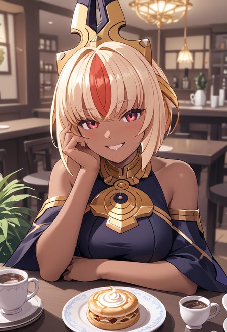 score_4,score_5,score_6,score_7_up,score_8_up,score_9 ((masterpiece,best quality,ultra detailed,highres,HD,4k:1.2)), 
1 adult girl, solo,solo focus,girl focus,face focus,
Luxia,dark skin,dark-skinned femalemulticolored hair,blonde hair,short hair,bob cut,sidelocks,hair ornament,head ornament,red eyes,large breast,
indoor, cafe, pov date, across table pov, across table, Coffee on the table,sitting, 
happy,smile,blush,