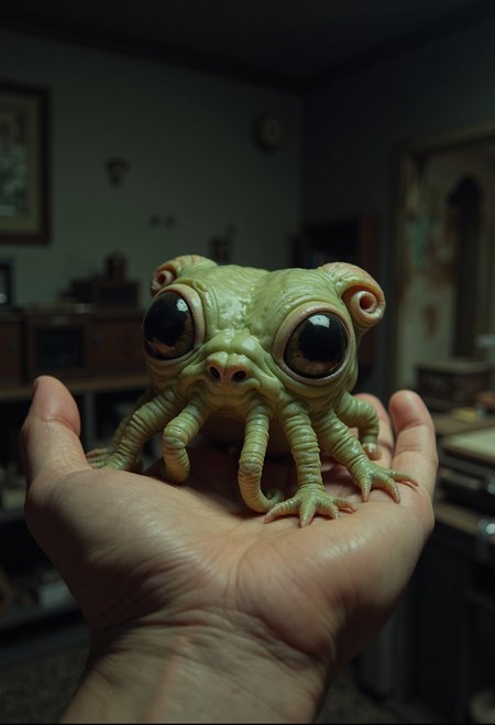 analog film photo image depicts a small, green, tentacled creature with large eyes and a bulbous body, resting on an open palm.
In the foreground, the creature's intricate details are visible: its numerous tentacles, each curled at the end, and its large, round eyes that seem to stare directly into the viewer. The creature's skin appears rough and wrinkled, with deep creases etched across its surface. Its body is a muted green color, with hints of brown and tan around the edges.
The background of the image is blurred, but it appears to be a dark room or space, with shadows cast on the walls. The overall atmosphere of the image is one of curiosity and fascination, as if the viewer is being invited to examine this strange creature up close.
The composition of the image is simple yet effective, with the creature centered in the frame and the palm serving as a subtle contrast to its alien appearance. The lighting is soft and diffused, which helps to emphasize the texture and detail of the creature's skin.
Overall, the image presents a captivating and intriguing scene that invites the viewer to explore the mysteries of this unusual creature . faded film, desaturated, 35mm photo, grainy, vignette, vintage, Kodachrome, Lomography, stained, highly detailed, found footage