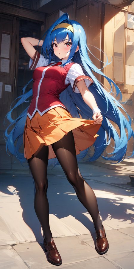 (masterpiece),(best quality),(ultra-detailed),(best illustration),(best shadow),(absurdres),(detailed background),(very aesthetic),
saki_tsuzura, blue hair, long hair, red eyes, yellow hairband, medium breasts, white shirt, red vest, red necktie, orange skirt, pleated skirt, black pantyhose, brown shoes, full body, from the front view, 
<lora:XL-SakiTsuzura:1>