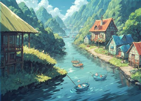 score_9, score_8_up, score_7_up, score_6_up, score_5_up, epic shot, cute anime landscape, fishing village, blue water, blue skies, tiny houses, picturesque,  <lora:ALICESOFT_Dohna_Dohna_Game_Artstyle_PonyXL:0.8>, ghibli style