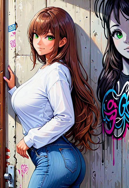 1girl,  (Latina model Izabel Martinez, sexy, healthy, long hair, brown hair, green eyes, tanned, mid parted hair, curvy, perfect big breasts, perfect big butt, thigs, standing, casual, hidden hands, white shirt, jeans, upper body, long sleeves, tile wall, against wall, graffiti, from side, seductive smile, long bangs.
High detailed grafitti wall backdoor.
masterpiece, best quality, photorealistic art,  <lora:add_detail:0.7> AnjelikaV2