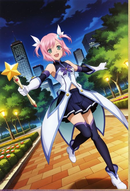 detailed eyes, beautiful, detailed background, perfect eyes,
source_anime, very aesthetic, anime coloring, masterpiece, official art,
<lora:HandFineTuning_XL:1>
BREAK,
garden, flowers, cityscape, trees, night,
dynamic angle, full body,
dynamic  angle, posing, open smile, holding star wand,
BREAK,
<lora:estelleX_illustriousXL_v03:0.9>
estellernd, estellems, pink hair, short hair, green eyes, bangs, 
bare shoulders, black thighhighs, pleated skirt, miniskirt, twintails, two side up, short twintails, white dress, crescent hair ornament, elbow gloves, detached sleeves, navel,
white footwear,