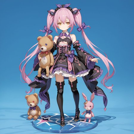 score_max, (score_9, score_8_up, score_7_up:1.2), score_6_up, official art, source_anime,
, masterpiece, absurdres, high detail, 8k,
amiibo, figure, solo, full body
standing, holding stuffed animal, stuffed rabbit,  teddy bear, expressionless,
ddpsaya, long hair, twintails, headdress, hair ornament, hair bow, collar, bowtie, purple bow, gem, black dress, frills, clothing cutout, bare shoulders, detached sleeves, wide sleeves, thigh boots, heels, tattoo,
<lora:XL_Pony_gomaotsu-saya-t2:1.0>
