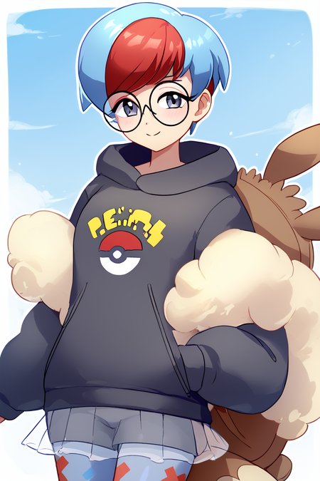 score_9, score_8_up, score_8, medium breasts, (curvy), cute, eyelashes,       ,,, , ,,, zzPenny, grey eyes, glasses, short hair, red hair, blue hair, multicolored hair, round eyewear, two-tone hair,  long sleeves, hood down, black hoodie, backpack, bag, brown bag, pantyhose,   see-through skirt,   <lora:Penny_Pokemon_PDXL:1.0>,  ,,,, BREAK, smile, closed mouth, looking at viewer, cowboy shot, ,,, embedding:zPDXL, Expressiveh, ,,, <lora:Konpeto_PDXL_v3:1.0>, <lora:SDXLFaeTastic2400:0.5>, <lora:Expressive_H-000001:0.4>,