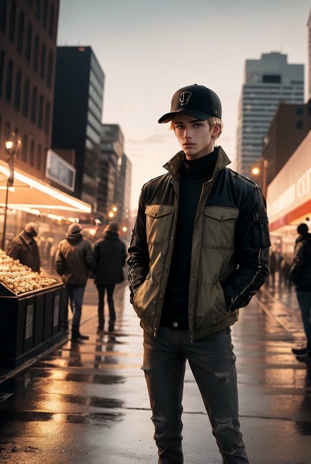 (masterpiece, best quality, high quality, highres, ultra-detailed), city, scenery, night, building, sign, cityscape, pantyhose, skyscraper, street lights, 
solo, 1boy, gray eyes, short Crew Cut, sand blonde hair, triangular face, looking at viewer, outdoors, hands in pockets, khaki jacket, black  loose jeans, black baseball cap, 
AS-Adult, Asian-Less, OverallDetail,