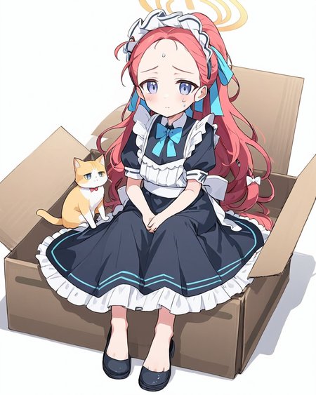 yuzu \(maid\) \(blue archive\),1girl, cardboard_box, halo, barefoot, forehead, black_footwear, black_dress, white_background, white_bow, maid_headdress, maid, maid_apron, solo, in_box, sweat, blue_bow, looking_at_viewer, blush, frilled_apron, closed_mouth, white_apron, single_shoe, full_body, shadow, simple_background, hair_bow, shoes_removed, bowtie, puffy_short_sleeves, sitting, frilled_dress, holding_cat
<lora:yuzu_(blue_archive)_image343_2023-11-18_spv-000035:1>. gorgeous,key visual, vibrant, studio anime,award-winning, professional, highly detailed,high budget, cinemascope