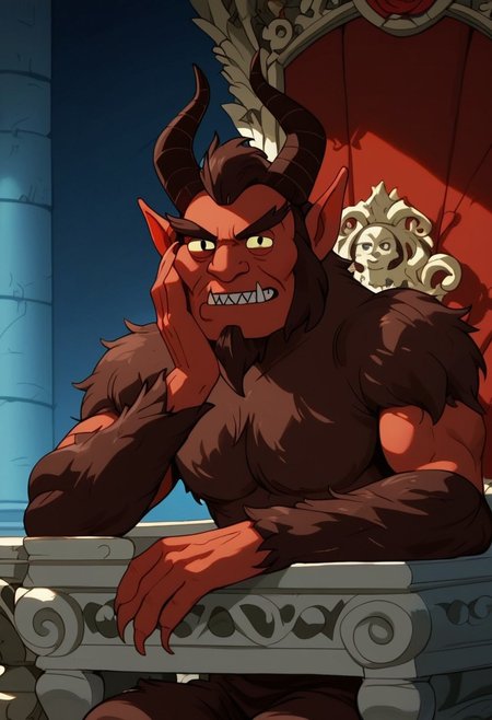 score_9_up, score_8_up, score_7_up, high quality, detailed, male, solo male, Krampus_AD, 1boy, mature male, anthro, devil, dull red skin, maroon hair, horns, black eyes, animal ears, muscular male, sharp teeth, looking at viewer, indoors, sitting, throne, sitting in throne, resting head on hand, half-body, bust shot