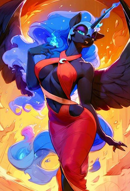 score_9, score_8_up, score_8, score_9, score_8_up, score_7_up, score_6_up, helios-geo, erotic group, 1girl,  Nightmare_Moon \(mlp\),  (anthro pony:1.1), sexy regal  dress, sexually aroused, smug, Royal bedroom room, tail, huge perky breasts, blue fire, fire aura, skimpy clothes, Royal chambers