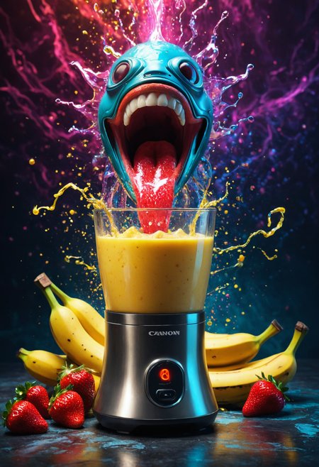 Psychedelic style ((( Quantum Parasite: A microscopic robotic organism that infests and corrupts quantum systems. in 6. Fountain of Youth. They activated their Scream-Powered Blender, which had a microphone attached to its base; after yelling âMAKE MY SMOOTHIE!â at full volume, they watched as the blender whirred into action blending bananas and strawberries furiously until smooth perfection was achieved., they have shiny chrome elements)))Winds carry whispered secrets from distant continents.
 (((with exaggerated expressions))) Sporting Bose-Einstein Condensate Juice: The juice exists as the fifth state of matter, defying normal physics., Through-the-Frame Shot: Find natural or man-made frames like doorways, arches, or tree branches. Position your subject within the frame to add depth and guide the viewerâs focus..(dynamic:1.1),sun rays, 
(Vivid, HDR, Canon50, 8K, Hyper Realistic, Dramatic, Epic, Dynamic Contrast, Cinematic Lighting, increased brightness)(((Zoomed Out, Far away Shot))) = =. Epic dynamic lighting , vibrant,highly detailed,psychedelic,((Psychedelic, rainbow glow ))
((Vivid, Epic, Dynamic contrast)) (((Zoomed out, Far away shot, In frame)), (((Cinematic, Studio lighting, Contrast)))
<lora:juggernautXL_version6Rundiffusion:0.8><lora:rundiffusionXL_beta:0.8><lora:epicrealismXL_v5Ultimate:0.8><lora:crystalClearXL_ccxl:1><lora:extremely_detailed:0.8> extremely detailed
 <lora:hyperkraximalism:0.2> hyperkraximalism
<lora:QuadpipeQp_sdxlV2:0.4> 
<lora:xl_more_art-full_v1:0.1>
<lora:RMSDXL_Darkness_Cinema:0.2>
<lora:glowneon_xl_v1:0.4> glowneon, glowing, sparks, lightning, - Generate images with sharp edges and fine details.
- Produce high-resolution images with no blurriness or distortions.
- Create images with clear and well-defined subjects.
- Ensure that the output images have crisp lines and distinct features.
- Generate images with vibrant colors and accurate tones.
- Avoid noise or artifacts in the generated images.
- Focus on producing clear textures and patterns in the images.
- Emphasize clarity and definition in all aspects of the generated images.
- Prioritize the sharpness and clarity of the main subjects in the images.
- Optimize the AI model to produce clear and visually appealing images., Wlop, By art germ . Vibrant colors, swirling patterns, abstract forms, surreal, trippy