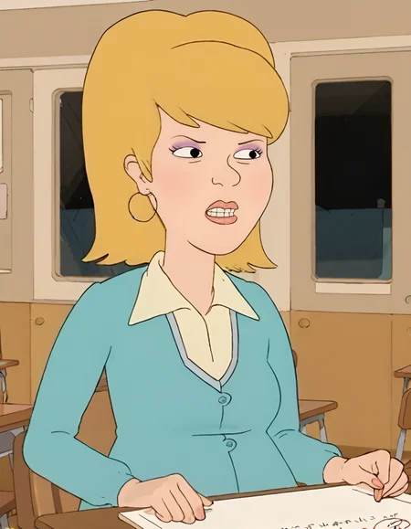 <lora:f_is_for_family_sue:1>,1girl, black eyes, blonde hair, cartoon, earrings, jewelry, lips, makeup, short hair, solo, sueisf, teeth