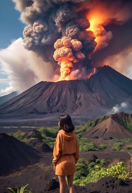beautiful 18yo hawaiian girl, staring into the caldera of an erupting volcano, dramatic. Analog Color Theme, Lo-Fi Hip Hop , retrospective, flat, 2.5D,