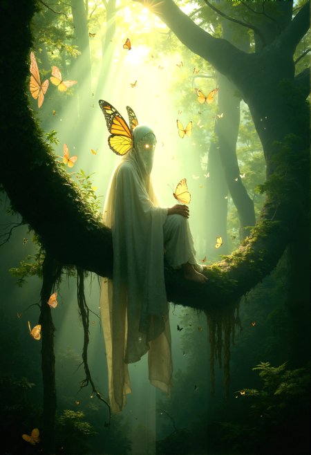 Photorealistic image of a figure with a luminous butterfly mask, draped in a cloak that merges with the forest around it. The scene is set in a sunlit glade, with ethereal butterflies casting delicate light patterns on the figure and the surrounding greenery.

The figure sitting on a tree branch high above the ground, with their legs dangling and a butterfly resting on their knee, surrounded by the dense canopy of the forest. 

An over-the-shoulder shot from behind the figure, capturing their view of the forest and the butterflies, with their glowing face casting light on the scene ahead.

The butterflies arranged in a spiraling pattern around the figure, creating a sense of movement and guiding the viewer’s eye through the composition.The lighting subtly varied in intensity, with soft rays of sunlight breaking through the canopy, creating dynamic highlights and shadows on the figure and the forest.

 A low-angle shot from the ground looking up at the figure, emphasizing the towering trees and the butterflies fluttering around, with the sunlight filtering through the canopy.

cinematic lighting, extremely intricate detail character, accurate depiction of character, correct body anatomy, correct hands and fingers, extremely intricate skin and facial texture detail, design,lifelike potrayal, extrememly realistic lighting, sharp background detail,










