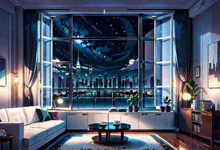 ((front view)), Shallow scene, ((animation style)), modern-style interior, with white walls, (large windows), a  study, Sofa, coffee table, bookcase, single wall, (gloomy room), Turn off ceiling lighting, Turn off the indoor lights , quiet and mysterious night sky, starry sky, moonlight, city night view, (City high-rise building scenery), (City scenery outside the window)