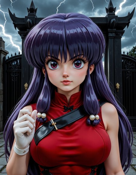 Shampoo_Ranma_Real_Final, Extreme close-up portrait of Shampoo, cropped from upper chest to mid-forearm, set in the foreboding atmosphere of a dark fortress gate. Her purple eyes gleam with a fiery resolve, a sharp contrast to her smooth, fair skin. Her long purple hair flows down her back, with strands framing her focused, determined expression. She wears her signature red Chinese-style dress, which is now armored with dark metal plates for protection, and her white martial arts gloves are visible, clenched tightly in preparation. The background reveals the looming, imposing gates of the fortress, made of black iron and surrounded by jagged stone walls. The sky above is stormy, with flashes of lightning illuminating the dark, ominous atmosphere of impending battle. [Composition: Tight 85mm lens effect, intensifying Shampoo’s readiness and determination against the dark, oppressive fortress backdrop.]