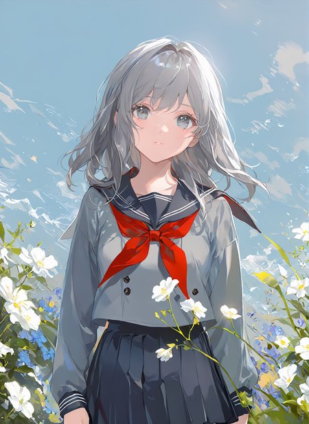 <lora:sd_xl_dpo_lora_v1-128dim:1>,original,(masterpiece),(illustration),(extremely fine and beautiful),perfect detailed,(beautiful and clear background:1.25),(depth of field:0.7),(cute:1.35),(beautiful face:1.3),(detailed beautiful eyes:1.3),1girl,(outdoor:1.2),lots of flowers,shoulder,gray long hair,<lora:xl_more_art-full_v1:1>,serafuku,sailor_collar,pleated_skirt,cowboy_shot,ask \(askzy\),<lora:jiuXL:1>,sunny,