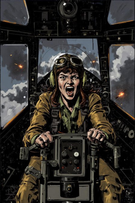 poster illustration.
A female pilot screaming inside the cockpit of a World War II bomber. The pilot, wearing a vintage leather flight helmet with goggles and a bomber jacket, grips the controls with white-knuckled hands. Her face is contorted in a mix of fear and determination as she yells, her eyes wide with adrenaline. The cockpit is cramped and filled with old-fashioned dials and gauges, with the outside view showing dark stormy clouds and distant anti-aircraft fire <lora:posterillustration_cap_d8a4e11:1.0><lora:846225737187897892:0>