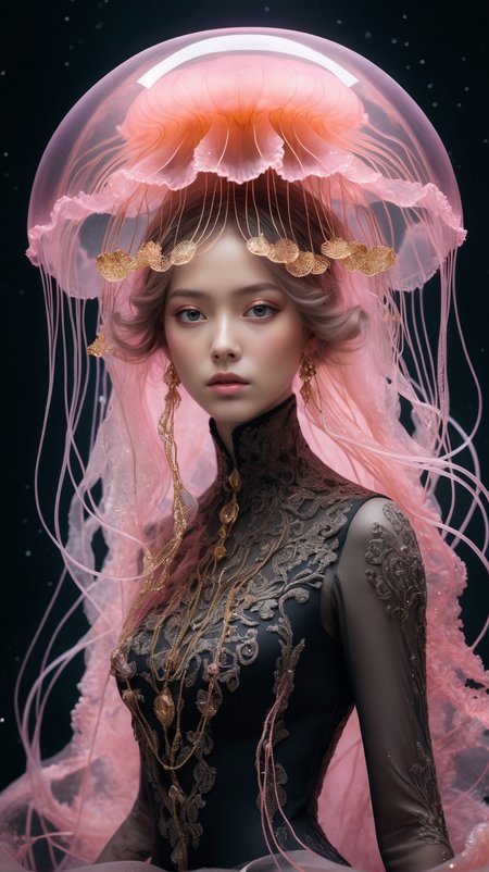photo RAW, (Black and pink : Portrait of a ghostly jellyfish, shiny aura, highly detailed, gold filigree, intricate motifs, organic tracery, by Android jones, Januz Miralles, Hikari Shimoda, glowing stardust by W. Zelmer, perfect composition, smooth, sharp focus, sparkling particles, lively coral reef background Realistic, realism, hd, 35mm photograph, 8k), masterpiece, award winning photography, natural light, perfect composition, high detail, hyper realistic
   <lora:add-detail-xl:1>