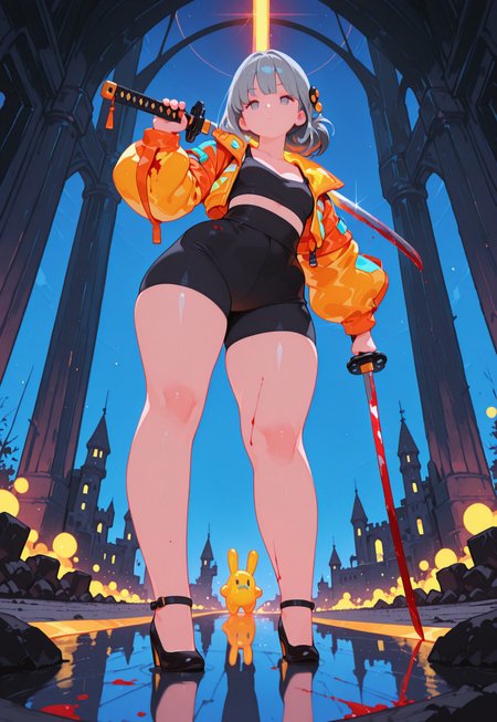 masterpiece, best quality, 

1girl, solo, mature woman, 
long grey hair, hair ornament, thick thighs, colored inner hair, flat chest, chubby, ((chubby thick legs)), no socks,

dynamic pose,


dynamic view, neon rays, colorful, yellow hazard jacket, tight black short tanktop,
tight black spats, pumps, 
looking at viewer, focus on face, dutch angle, 

emotion less, holding blood stained katana, cleavage, reflection, ((blood stained clothes)), 

((from below)), dynamic perspective, (close up), full body shot,

night, in abandoned castle, neons,
depth of field, bokeh, bloom, action shot, backlighting, 

detailed, Flatline, Flat vector illustration,
nurzhan bekkaliyev,
