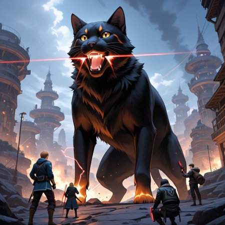 score_9, score_8_up, score_7_up,score_9, score_8_up, score_7_up, scenery, apocalyptic world, BREAK, cats and dogs fighting with laser guns, ((High fantasy art style)), ((Masterpiece), (absurdres), (shadowy), (mysterious)