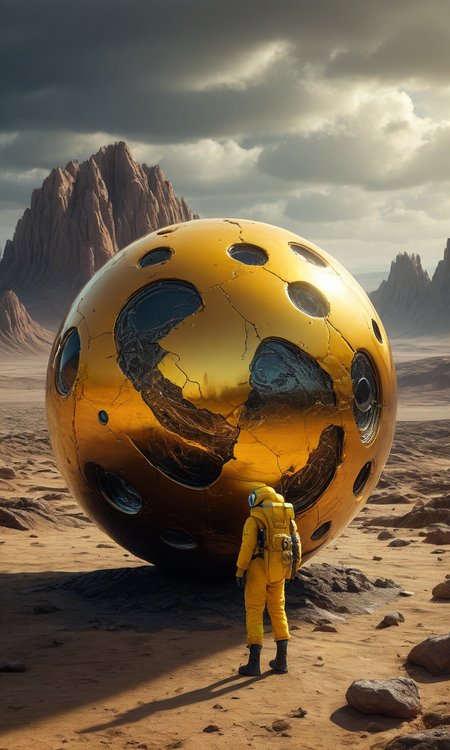 cinematic still A hyper-realistic hauntingly beautiful dark sci-fi scene featuring a vast, barren landscape with a colossal, organic, yellow spherical object. A sphere made up of intertwined and fused egg spheres, intertwined veins and layered flesh reveals a structure of fused mutated spheres and intertwined veins and sinews. A woman in a yellow biohazard suit stands on rocky terrain, staring at the mysterious sphere. An overcast sky hangs over her, creating an eerie atmosphere on the desert landscape. In the distance, man-made structures can be seen on the horizon, hinting at a wider world, sci-fi and high tech. This striking image evokes a sense of wonder and curiosity, inviting viewers to explore the mysterious world that lies within, cinematic, painting, high definition, high detail, 16K resolution. ultra sharp focus photo, 3d render, architecture, dark fantasy, vibrant (photography, high-resolution, dynamic, energetic, hyper-realistic, dramatic lighting, shallow depth of field.) . emotional, harmonious, vignette, 4k epic detailed, shot on kodak, 35mm photo, sharp focus, high budget, cinemascope, moody, epic, gorgeous, film grain, grainy, A hyper-realistic hauntingly beautiful dark sci-fi scene featuring a vast, barren landscape with a colossal, organic, yellow spherical object. A sphere made up of intertwined and fused egg spheres, intertwined veins and layered flesh reveals a structure of fused mutated spheres and intertwined veins and sinews. A woman in a yellow biohazard suit stands on rocky terrain, staring at the mysterious sphere. An overcast sky hangs over her, creating an eerie atmosphere on the desert landscape. In the distance, man-made structures can be seen on the horizon, hinting at a wider world, sci-fi and high tech. This striking image evokes a sense of wonder and curiosity, inviting viewers to explore the mysterious world that lies within, cinematic, painting, high definition, high detail, 16K resolution. ultra sharp focus photo, 3d render, architecture, dark fantasy, vibrant (photography, high-resolution, dynamic, energetic, hyper-realistic, dramatic lighting, shallow depth of field.), highly detailed, intricate, very inspirational, rich deep colors, romantic, pristine, complex, lovely, epic stunning, lucid