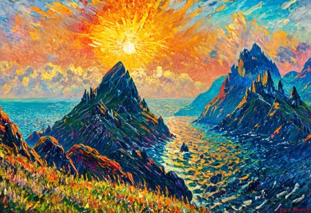 Witcher 3 landscape, ((Skellige, Kaer Trolde)), cmnt, style of Monet, wallpaper style, vibrant beautiful colors, highly detailed, aesthetic, great lighting, extremely detailed, award winning, perfect composition, a rich and complex image, a vibrant tissue of hues and textures captured digitally, best quality, captivating, intricately detailed, hyper detailed, maximalist style, sharp focus, dynamic lighting, superb composition, finest details, highest aesthetics, best quality, sharp focus, high contrast, stylized, clear, colorful, ultra quality, 8k, best quality, masterpiece,midjourneyv6.1