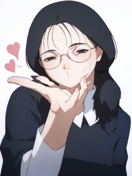 woman, 20 y/o, 20 year old, 20 year old woman, adult, score_9, score_8_up, score_7_up, score_6_up, score_5_up, BREAK masterpiece, high quality, perfect hands, white background, <lora:Yomoda_Chisa_PDXLv0-e55:0.8> yomoda chisa, glasses, small breasts, black dress, <lora:FrierenBlowingKissMeme_XLPD:1> IncrsBlowingKiss, heart, blowing kiss