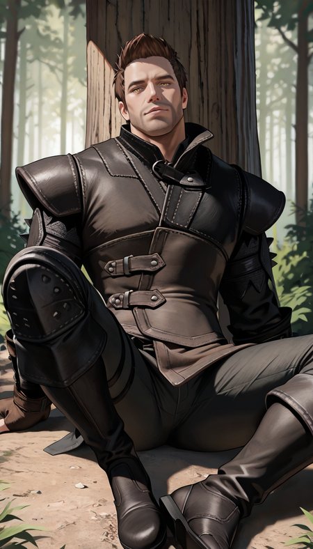 masterpiece, best quality, newest, perfect quality, best quality, detailed background, intricate details, male focus, solo, <lora:Skyrim Romance Mod - Bishop - Illustrious 2-000007:0.7>, srm_bishop, 1boy, mature male, brown hair, very short hair, yellow eyes, stubble, leather armor, fingerless gloves, pants, boots, sitting, on ground, forest, against tree, looking at viewer, head tilt, muscular
