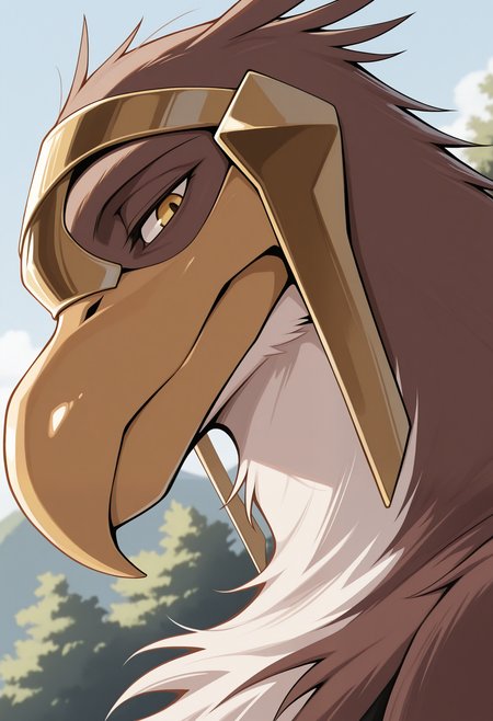 masterpiece,best quality,amazing quality, 1boy, solo, b34kw00d, bird boy, brown feathers, yellow eyes, mature male, gold helmet, close up, side angle, outdoors,