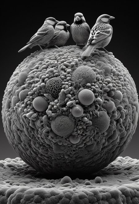 birds on a ball under an electron microscope, 8k, F2.8, ultra detailed,  El3ctr0nStyle,  <lora:ElectronStyle:1>