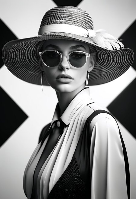 A woman with a large wide brimmed hat, black and white photography