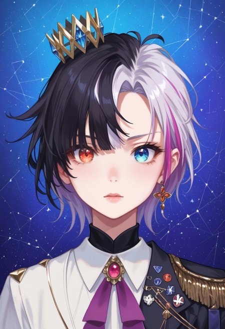 score_9, score_8_up, score_7_up,
masterpiece, best quality, detailed, amazing quality,
detailed background,
detailed eyes, clean eyes, 
solo, 1woman,
dynamic pose,
easynegative,
r1np3nr0s3, two-toned hair, heterochromia, red right eye, blue left eye,