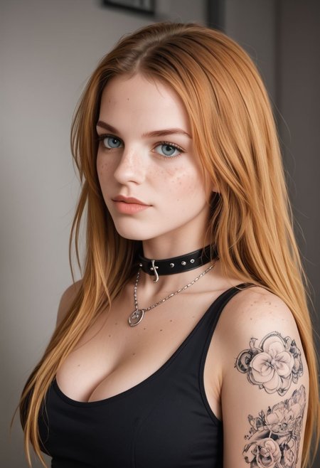 Upper body of a gothic girl, Bestface1, Bestbody1, 
 wearing black, ginger hair with bangs,  long hair,  blonde hair, storm clouds, whimsical charm, ethereal glow, (freckles on face), tack sharp focus on eyes, large breast, 
wearing a sleevless shirt,  unblemished skin, pore correlation, (((colorful tattoos))), necklace,collar,chain,
hyperdetailed,epiCRealism, vibrant color,amazing quality, masterpiece, best quality, hyper detailed, ultra realistic lighting, UHD, soft shadows, high Dynamic,alluring, seductive,  dark dreams, from side,SkinHairDetail,posing, Freckles, Natural skin, Beuty , 1dk, portrait, d3t41l3d