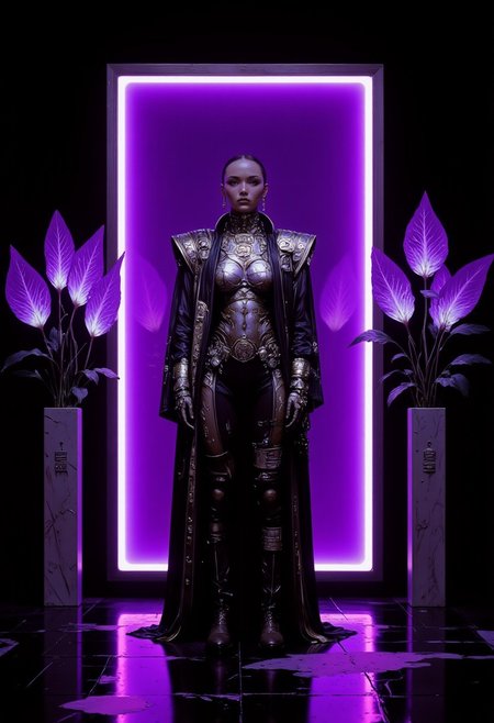 A hyper-realistic, detailed digital artwork in HD 8K quality, a true masterpiece, showcasing a powerful and elegant woman standing in a commanding pose at the center of a dark, minimalist room. She is illuminated by the radiant glow of a massive rectangular frame emitting vivid purple light, its ethereal reflections accentuating her futuristic, avant-garde attire. On either side of her are sleek, modern flower pots, each housing long-stemmed flowers with translucent, glowing purple petals that pulse gently with an otherworldly luminescence, complementing the vibrant light of the frame. She wears a cropped black jacket with exaggerated shoulders, adorned with glowing violet Aztec-inspired geometric embroidery, paired with a metallic silver bodysuit intricately patterned with ancient glyph-like designs. High-waisted pants of deep charcoal, blending sleek leather and textured metallic fabric with iridescent accents, seamlessly fuse the futuristic and historical. Oversized black boots with angular soles anchor her look, adding an edgy cyberpunk aesthetic. Her silhouette glows faintly against the polished black floor, which mirrors the purple light and the luminous flowers. The stark, otherworldly atmosphere enhances the interplay of shadow, light, and glowing elements, making the scene an immersive and visually striking masterpiece.