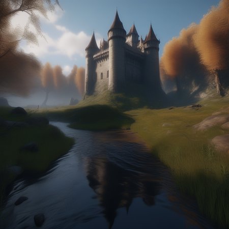 An aspect ratio, 21:9 aspect ratio, masterpiece Breathtaking 8k Unreal Engine, a castle nestled in fields and woods that looks like a (intricate detail, hyper detail, gothic vampire lair: 1. 5), with a small river flowing near the castle, (sharp focus), HDR, global lighting,  volumetric lighting, day lighting, cinematic lighting High Definition, Best Quality, (Natural Textures, Surrealism, Sharp: 1.2), (Sharp Focus: 1.2), Volumetric Fog, Caustics <lora:Dark Fantasy:1>